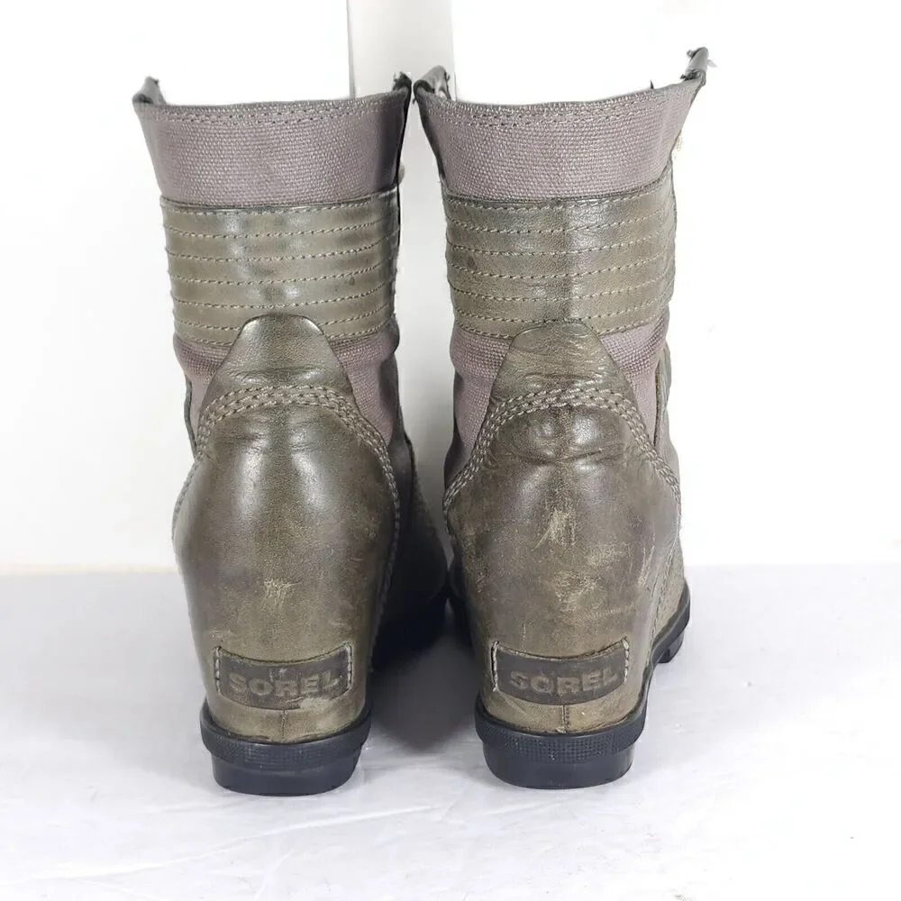 Sorel Womens Lexie US7 Gray Distressed Leather Canvas Lace Up Wedge Ankle Boots